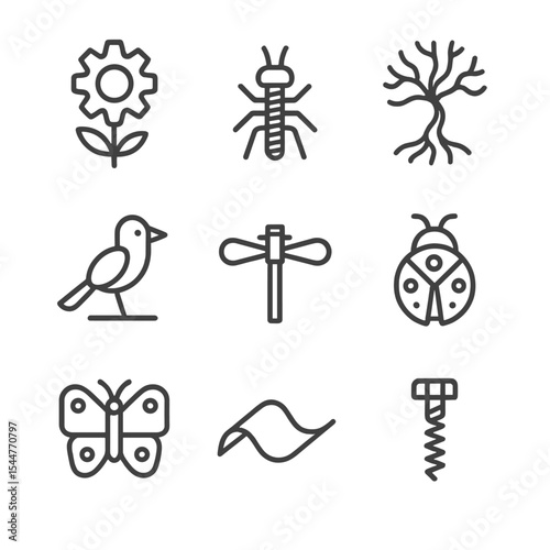 Metal Art Icons. Outline icon set of scrap metal art sculptures: gear flower, bolt insect, wire tree, spoon bird, pipe dragonfly,