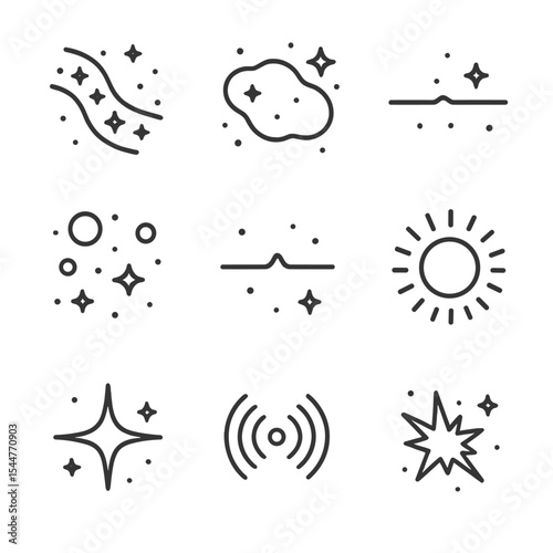 Milky Way Icons. Outline icon set of Milky Way color and light: band of stars, nebulous glow, emission line, reflection nebula,
