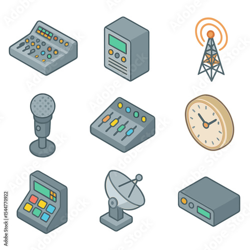Radio Broadcasting Icons. Isometric Flat icon set of radio broadcasting: studio mixing console, broadcast transmitter, broadcast