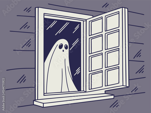 Isolated spooky window scene with a ghost inside halloween design element