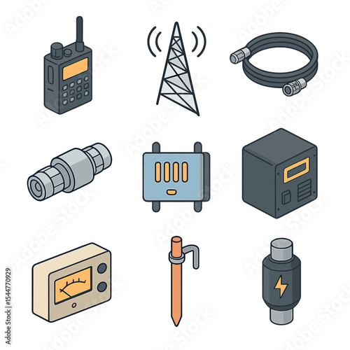 Radio Equipment Icons. Isometric Flat icon set of radio communication equipment: transceiver, antenna tower, coaxial cable,