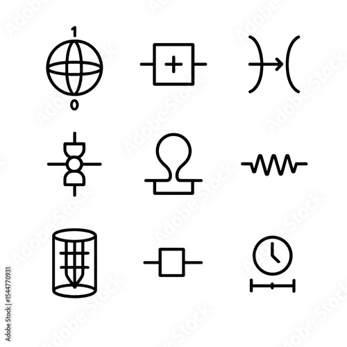 Quantum Icon Set. Outline icon set of quantum computing qubit tunneling: Bloch sphere, quantum gate icon, tunneling junction,