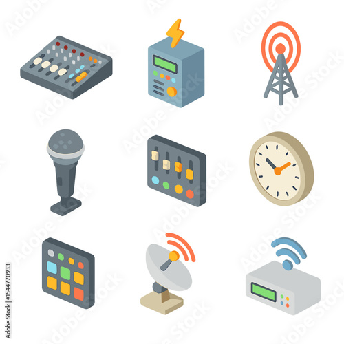 Radio Broadcasting Icons. Isometric Flat icon set of radio broadcasting: studio mixing console, broadcast transmitter, broadcast