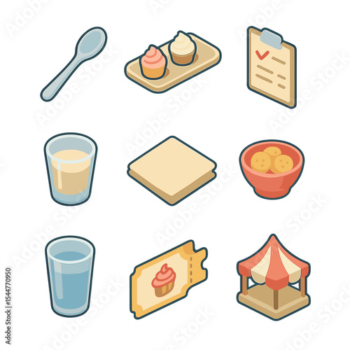 Cupcake Tasting Icons. Isometric Flat icon set of cupcake tasting event: tasting spoon, sample tray, scorecard, milk shot glass,