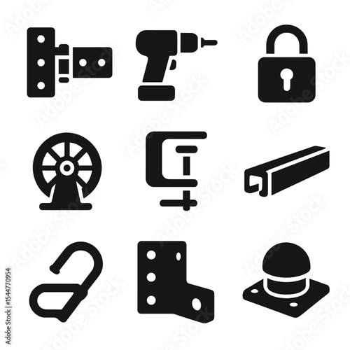 Gate Hardware Icons. Solid, filled icons set of gate installation tools and hardware: gate hinge, screw gun,