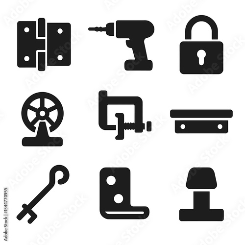 Gate Hardware Icons. Solid, filled icons set of gate installation tools and hardware: gate hinge, screw gun,