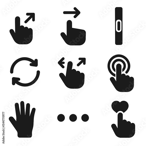 Gesture Icons Grid. Solid, filled icons set of scrolling behavior and gestures: flick motion, thumb swipe,