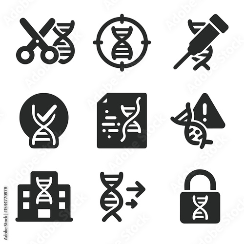 Gene Editing Icons. Solid, filled icons set of gene editing technology: CRISPR scissors, DNA double helix,