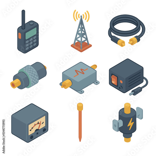 Radio Equipment Icons. Isometric Flat icon set of radio communication equipment: transceiver, antenna tower, coaxial cable,