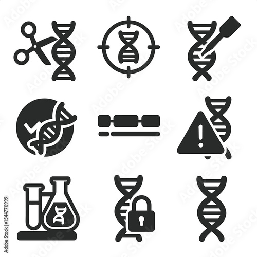 Gene Editing Icons. Solid, filled icons set of gene editing technology: CRISPR scissors, DNA double helix,