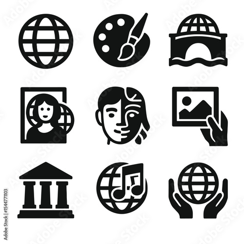 Global Art Icons. Solid, filled icons set of global art influences: globe icon, international art, cultural