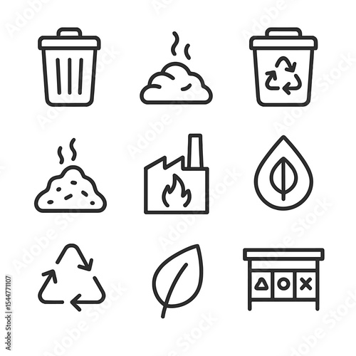 Recycling Icon Collection. Outline icon set of disposal and recycling: trash bin icon, compost pile, recycling bin, landfill mound
