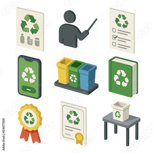 Recycling Education Icons. Isometric Flat icon set of recycling education tools: classroom poster, teacher silhouette, recycling