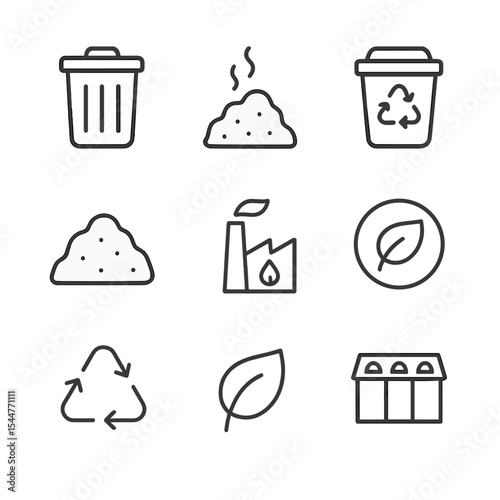 Recycling Icon Collection. Outline icon set of disposal and recycling: trash bin icon, compost pile, recycling bin, landfill mound