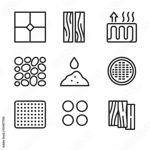Modern Bathroom Flooring Icons. Outline icon set of modern bathroom flooring: porcelain tile, vinyl plank, heated floor panel,
