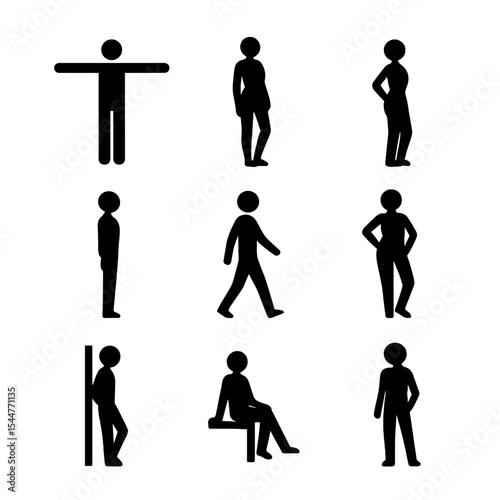 Model Pose Icons. Flat icon set of model posing techniques: T-pose, contrapposto, three-quarter turn, profile shot, walking stride