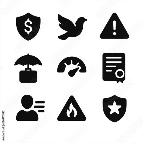 Gig Worker Icons. Solid, filled icons set of gig worker benefits and risks: earnings badge, freedom icon, no