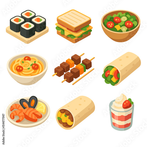 Modern Food Icon Grid. Isometric Flat icon set of food types: sushi rolls, gourmet sandwiches, salads bowl, pasta dish, grilled