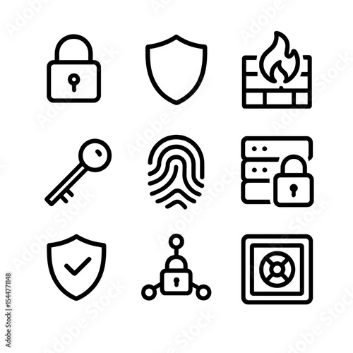 Data Security Icons. Outline icon set of data security trust: padlock, shield, firewall, encryption key, fingerprint, secure