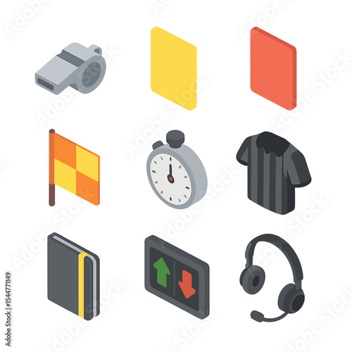 Referee Tool Icons. Isometric Flat icon set of referee tools: whistle, yellow card, red card, linesman flag, stopwatch, referee