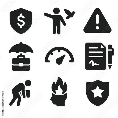 Gig Worker Icons. Solid, filled icons set of gig worker benefits and risks: earnings badge, freedom icon, no