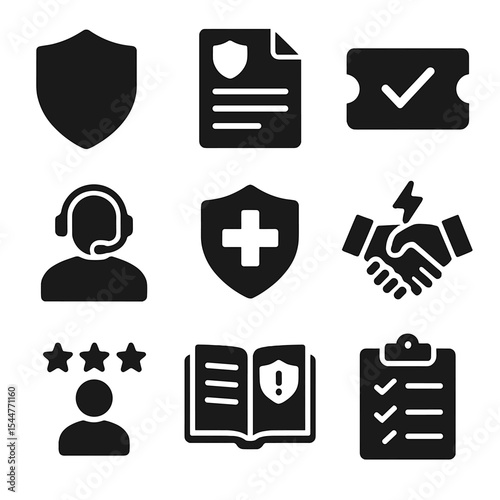 Gig Worker Icons. Solid, filled icons set of gig worker protections: shield icon, policy document, support