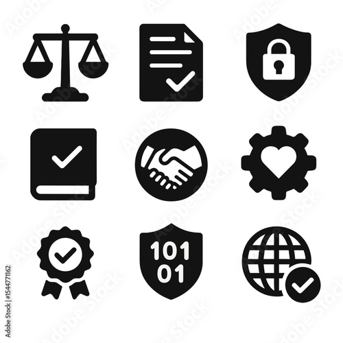 Global Business Ethics Icons. Solid, filled icons set of global business ethics and compliance: scales of
