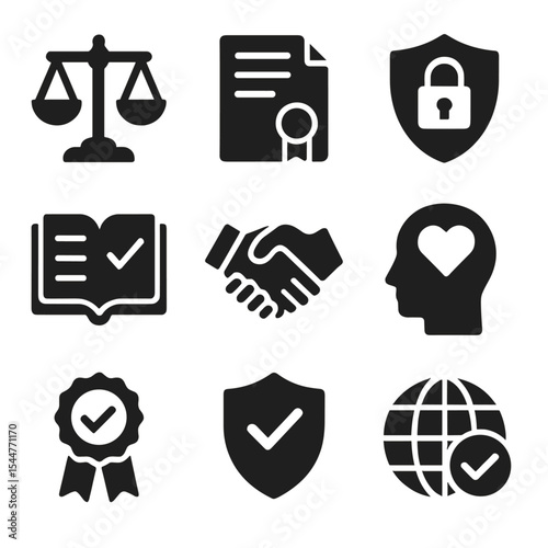 Global Business Ethics Icons. Solid, filled icons set of global business ethics and compliance: scales of