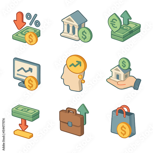 Monetary Mechanism Icons. Isometric Flat icon set of monetary transmission mechanism channels: interest rate channel, credit