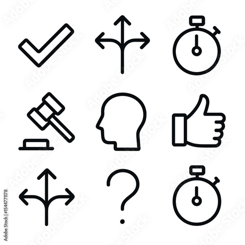 Decision Making Icons. Outline icon set of instant decision making: checkmark, crossroads, stopwatch, gavel, head silhouette,