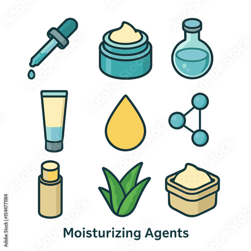 Moisturizing Agents Icons. Isometric Flat icon set of Moisturizing Agents: hyaluronic acid dropper, ceramide cream jar, glycerin