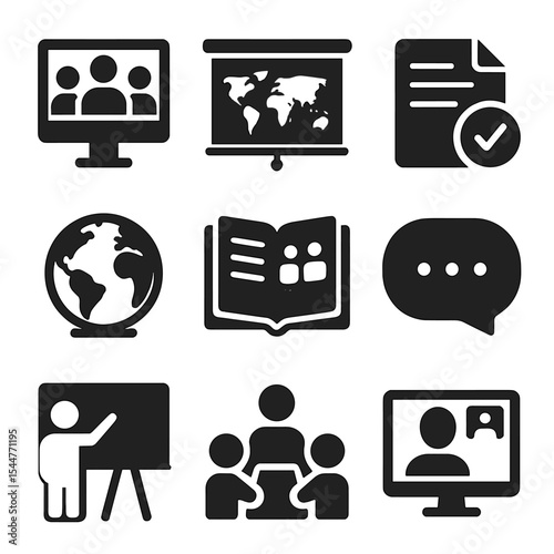 Global Classroom Icons. Solid, filled icons set of global classroom initiatives: video conference screen,
