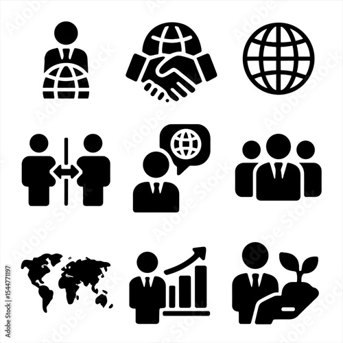 Global Leadership Icons. Solid, filled icons set of global leadership: world leader, international handshake,