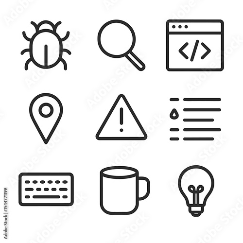 Debugging Icon Set. Outline icon set of code debugging session: bug silhouette, magnifying glass, console window, breakpoint