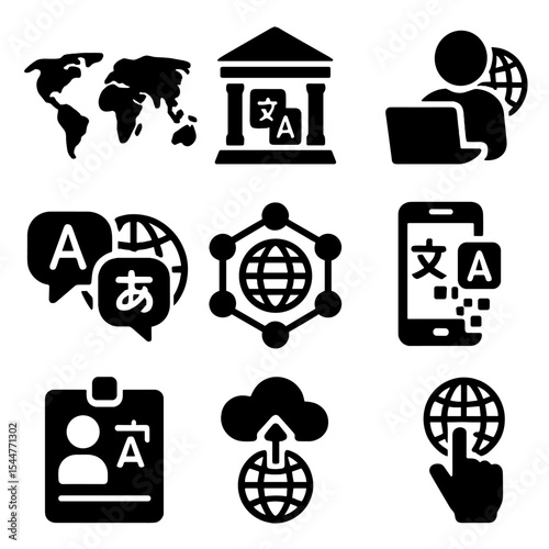 Global Translation Icons. Solid, filled icons set of global translation services: world map icon, translation agency, freelance translator, global chat, worldwide network, 