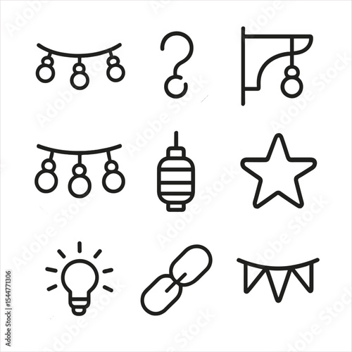 Decorative String Lights Icons. Outline icon set of decorative string lights: bulb string, hanging hook, corner clip, festoon wire