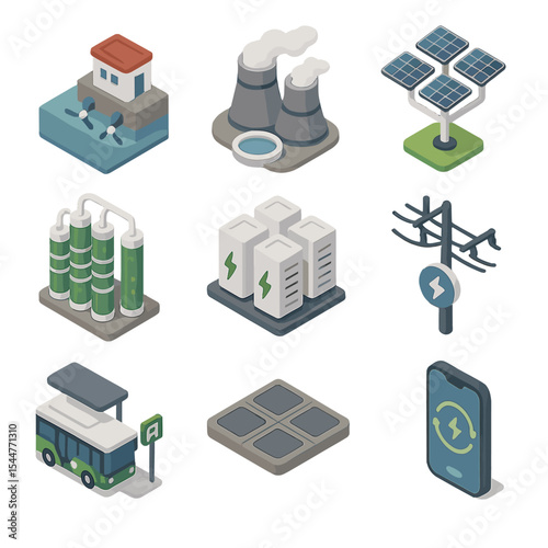 Renewable Energy Icons. Isometric Flat icon set of renewable energy utopia: tidal power station, geothermal plant, solar forest,