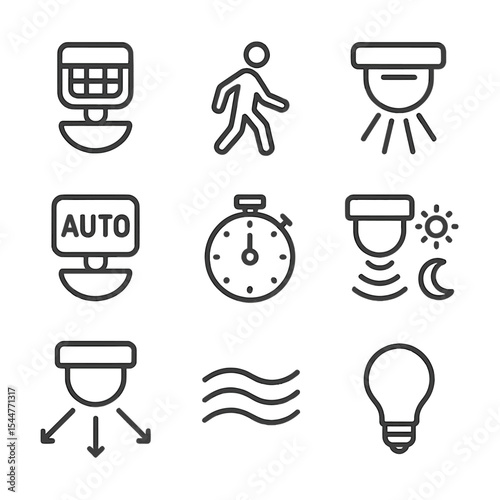 Motion Sensor Icons. Outline icon set of motion sensor lights: PIR sensor, walking person, sensor beam, auto-on icon, timer icon,