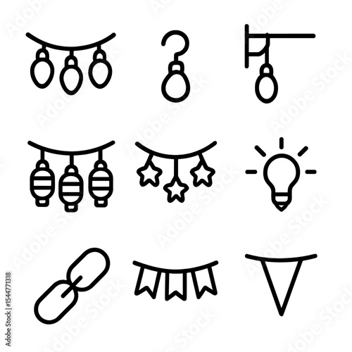 Decorative String Lights Icons. Outline icon set of decorative string lights: bulb string, hanging hook, corner clip, festoon wire