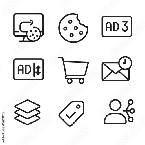 Remarketing Strategies Icons. Outline icon set of remarketing strategies: pixel tracking icon, cookie symbol, ad frequency counter