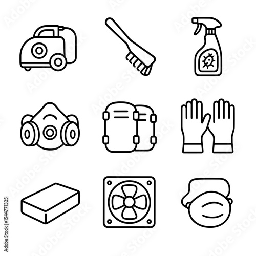 Deep Cleaning Icons. Outline icon set of deep cleaning scene: steam cleaner, grout brush, tile scraper, mold remover bottle,