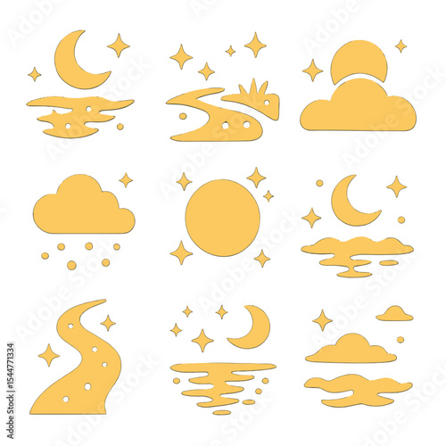 Glowing Nightscape Icons. Solid, filled icons set of glowing nightscapes: moonlight trail, sparkling riverbank