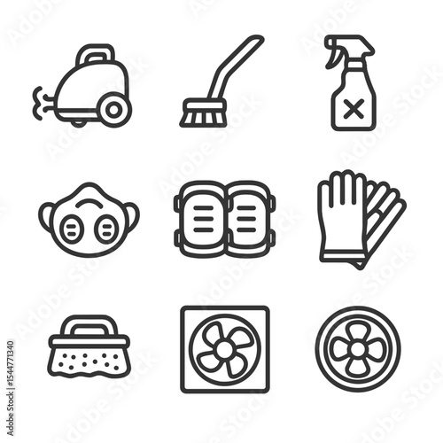 Deep Cleaning Icons. Outline icon set of deep cleaning scene: steam cleaner, grout brush, tile scraper, mold remover bottle,