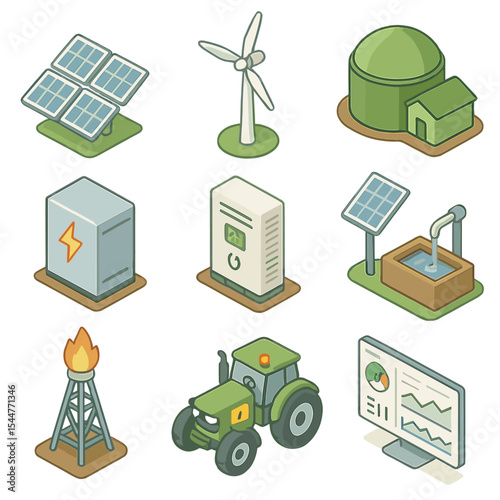 Renewable Energy Farm Icons. Isometric Flat icon set of renewable energy integration on farms: solar panel array, wind turbine,