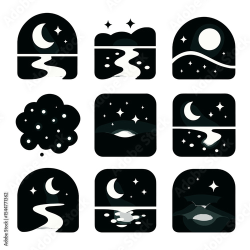 Glowing Nightscape Icons. Solid, filled icons set of glowing nightscapes: moonlight trail, sparkling riverbank