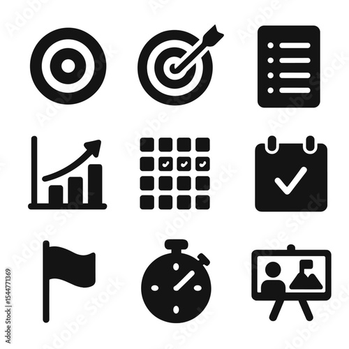 Goal Setting Icons. Solid, filled icons set of goal setting and tracking: target icon, dart hitting bullseye,