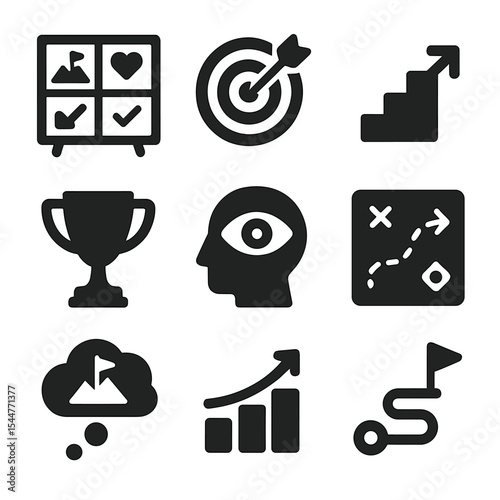 Goal Visualization Icons. Solid, filled icons set of goal visualization: vision board, arrow hitting target,