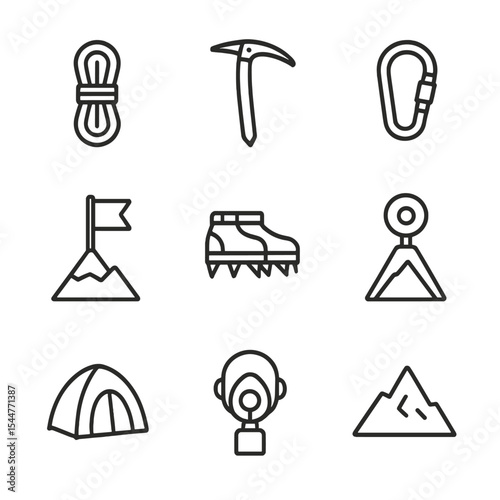 Mountain Climbing Icons. Outline icon set of mountain summit conquest: climbing rope, ice axe, carabiner, summit flag, crampons,