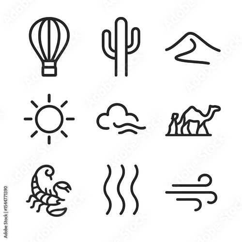 Desert Balloon Icon Set. Outline icon set of desert sky balloons: hot air balloon, cactus, sand dune, sun high, cloud wisp,