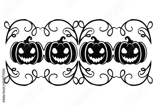 Seamless spooky pumpkin vine line art border design for halloween decorations